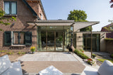 Bronzen stalen kozijnen & houten gevelbekleding-JAREN 30 ARCHITECT-interieur ontwerp,leefkeuken,moderne aanbouw,renovatie,stalen kozijnen,woning uitbreiding-Renovatie jaren 30 woning met moderne aanbouw-OBLY