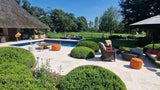 Landelijke Tuin met Verouderde Travertin Apulia Ivory-Van den Heuvel & Van Duuren-landelijke tuin,luxe tuin ontwerp,Tuin,tuin met zwembad,tuin met zwembad en terras,zwembad met natuursteen-OBLY