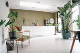 Modern interieur met gietvloer en groene accenten-Glad gietvloeren-gietvloer interieur,gietvloer woonkamer,groene accenten interieur,moderne gietvloer woning,open leefruimte-Gietvloer met groene accenten-OBLY