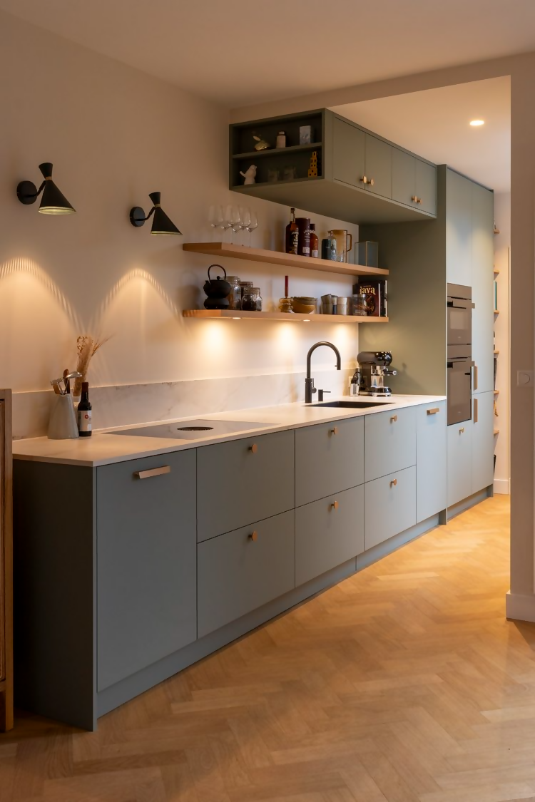 Moderne Charme in Jaren '30 Woning-Studi-JO-groenblauwe tinten,hout,jaren 30 interieur,jaren 30 woning,Keukene,marmer accenten,moderne afwerking,renovatie woning,warme materialen-Jaren '30 Huis met Moderne Charme | Stijlvolle Renovaties en Design-OBLY