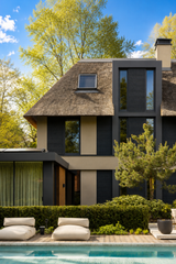 Moderne villa met rieten kap en donkere houten gevel-Prowood-bosrijke villawijk,donkere houten gevel,houten gevelbekleding,luxe villa,moderne architectuur,moderne villa,rieten kap,thermisch frake-Moderne villa met rieten kap en houten gevelbekleding-OBLY