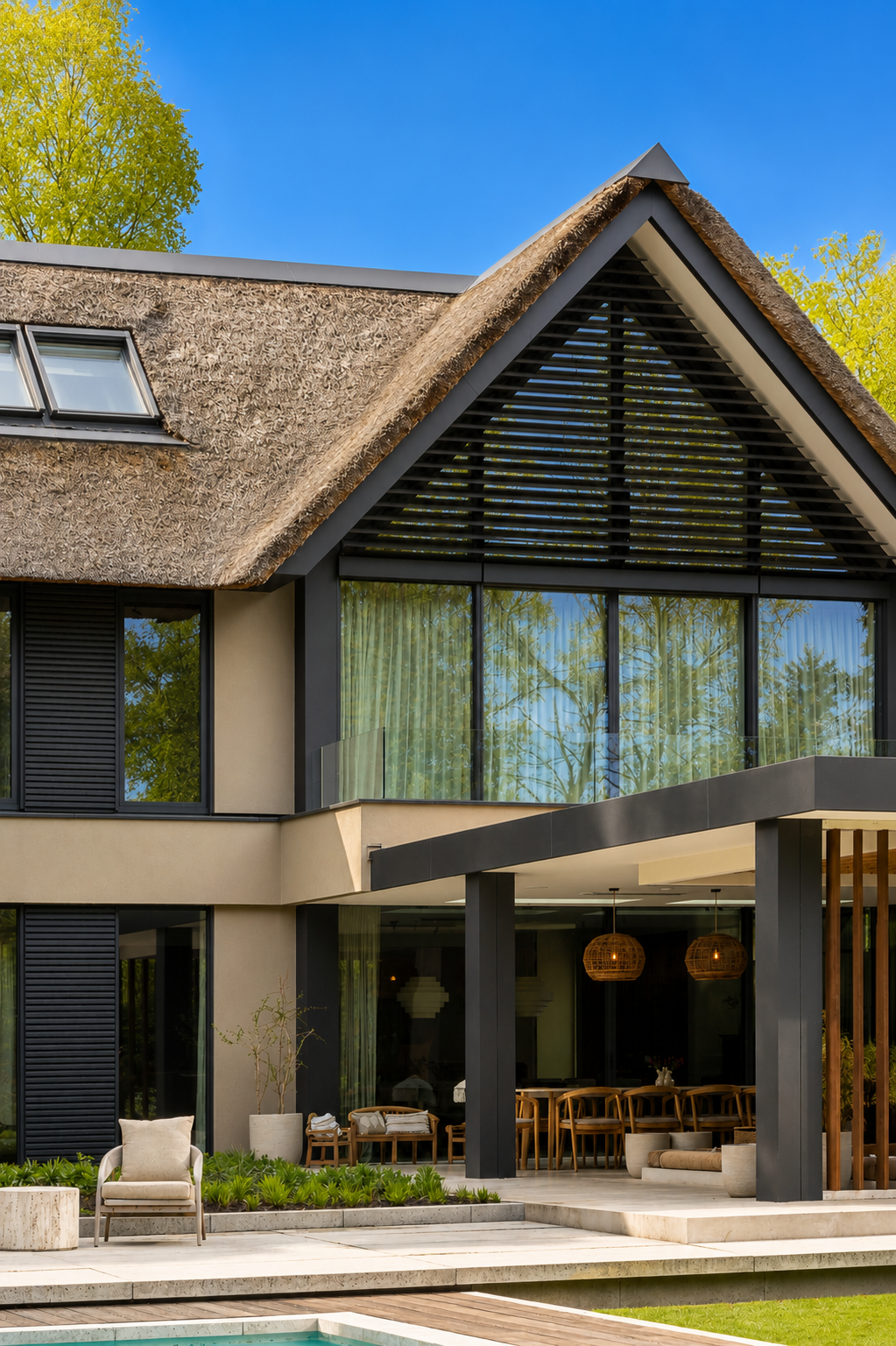 Moderne villa met rieten kap en donkere houten gevel-Prowood-bosrijke villawijk,donkere houten gevel,houten gevelbekleding,luxe villa,moderne architectuur,moderne villa,rieten kap,thermisch frake-Moderne villa met rieten kap en houten gevelbekleding-OBLY