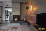 Open haard in kleurrijke woonkamer-Hooijer-design haard woonkamer,driezijdige haard,gashaard interieur,haard,haard met tv meubel,moderne haard,woonkamer-Open haard in kleurrijke woonkamer-OBLY