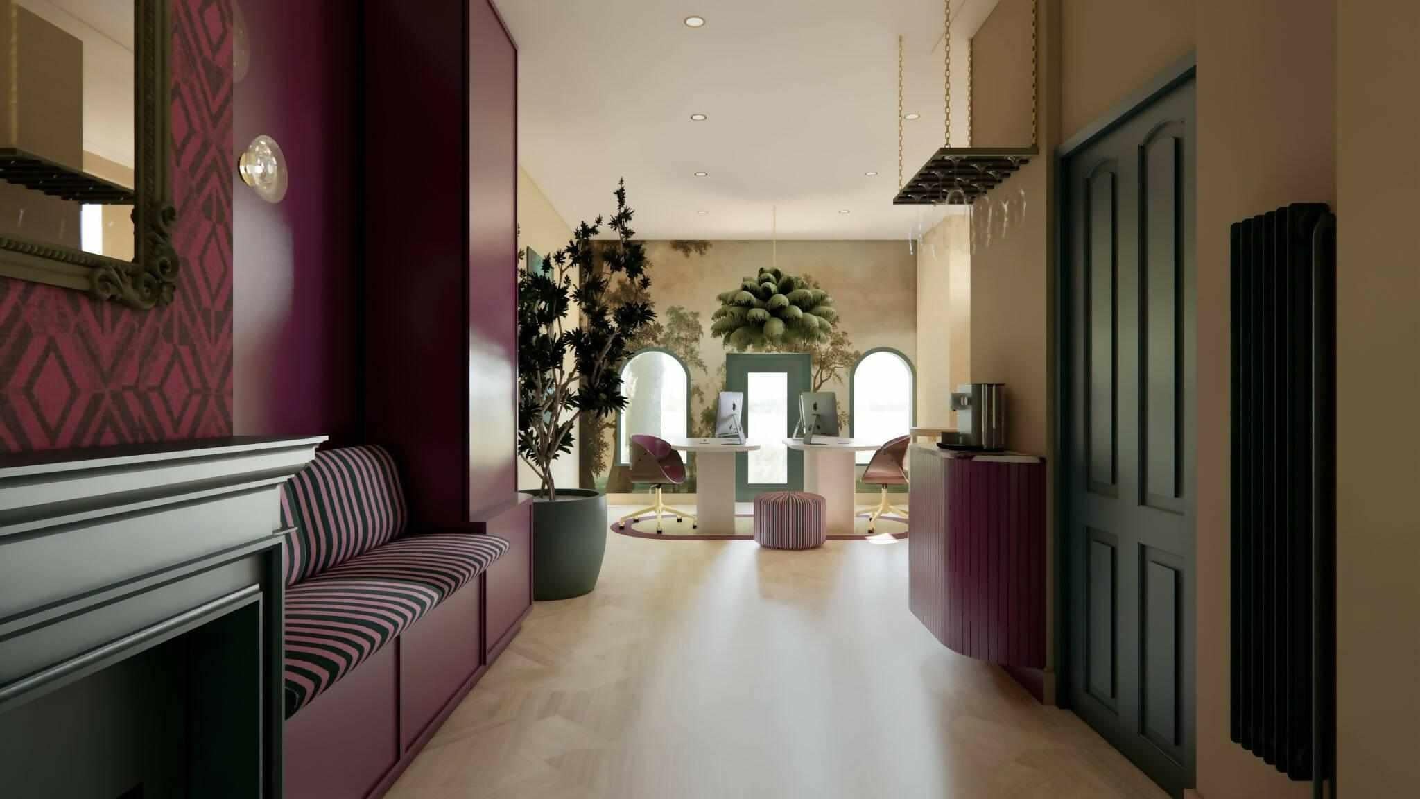 Vrouwelijk chique met een kleurrijke knipoog-STUDIO NATHALIE SAMSON-Aubergine tinten,Chique uitstraling,Keuken,Luxe materialen,Statement muur,Woonkamer-Vrouwelijk chique met een kleurrijke knipoog-OBLY