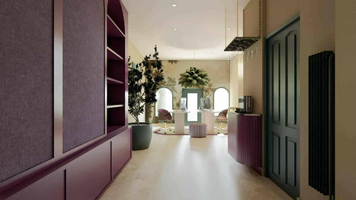 Vrouwelijk chique met een kleurrijke knipoog-STUDIO NATHALIE SAMSON-Aubergine tinten,Chique uitstraling,Keuken,Luxe materialen,Statement muur,Woonkamer-Vrouwelijk chique met een kleurrijke knipoog-OBLY