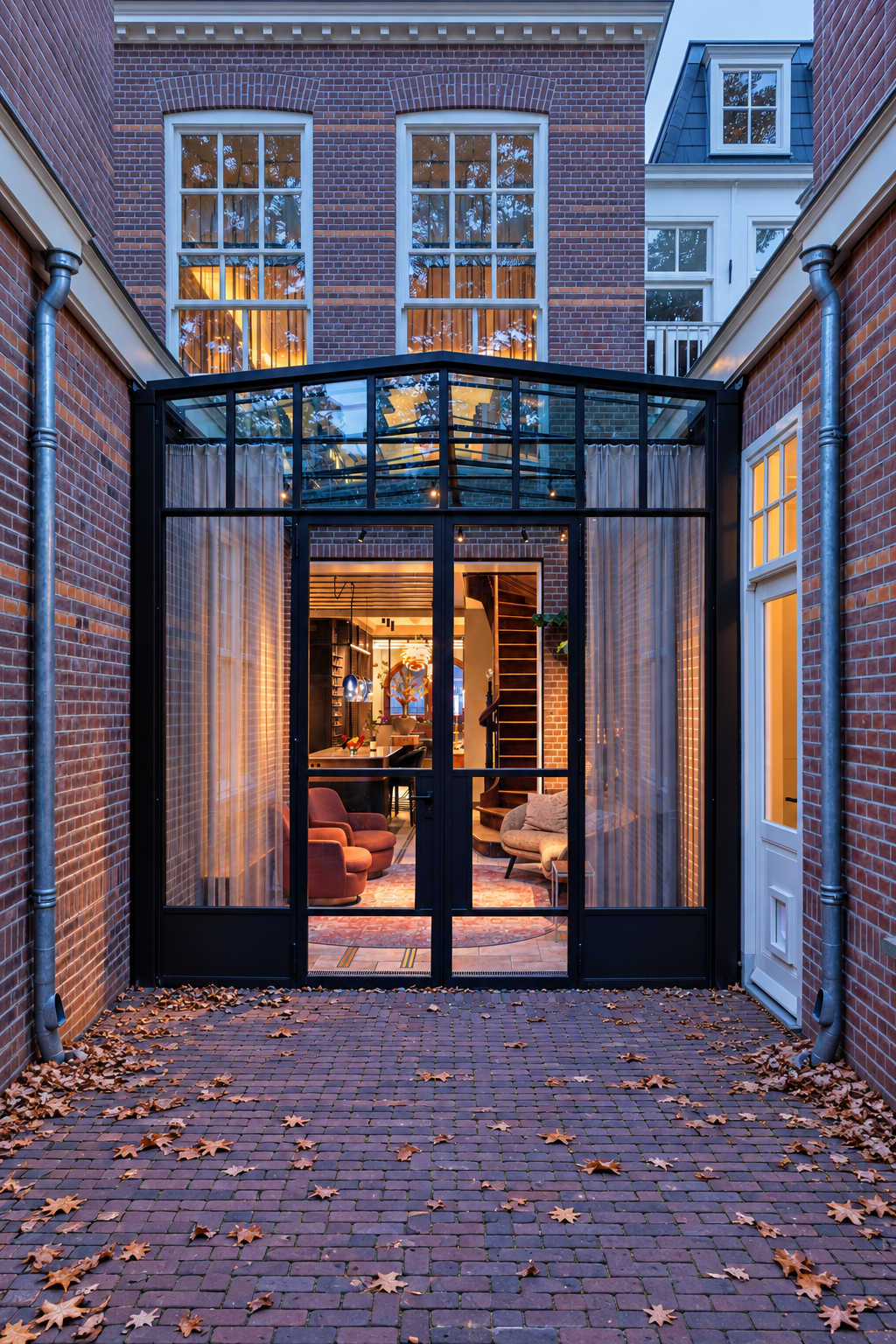 Glazen serre tussen bakstenen gevels met zicht op het verlichte interieur na renovatie