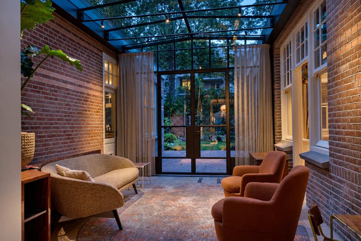Serre met glazen dak, bakstenen wanden en een zithoek met uitzicht op de tuin na renovatie