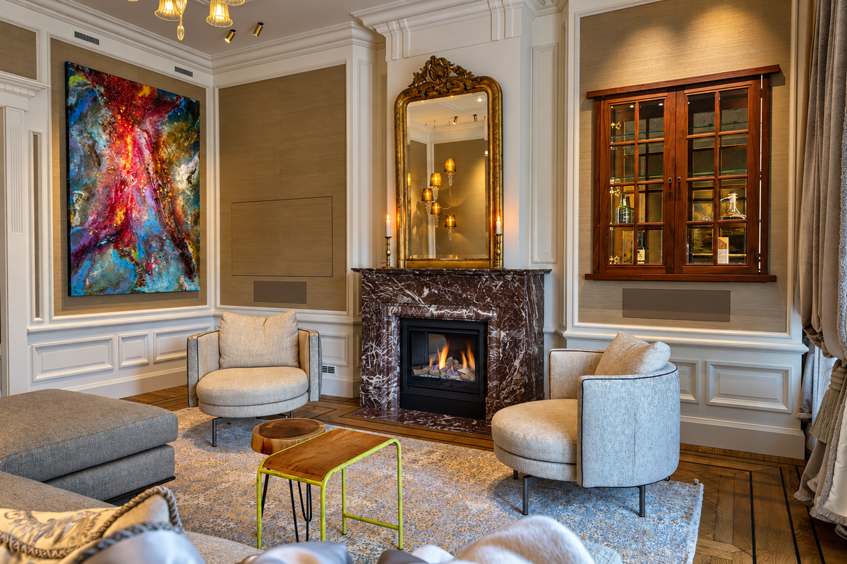 Klassieke woonkamer met marmeren schouw, gouden spiegel en lichte fauteuils na renovatie