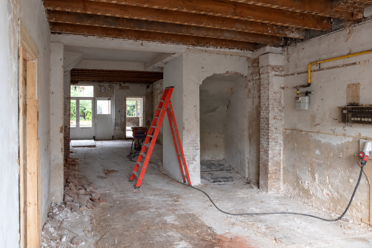 Interieur tijdens renovatie met een rode ladder, houten plafondbalken en kale muren