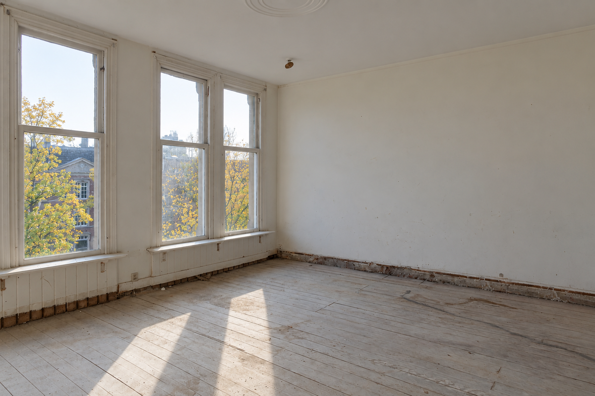 Lege kamer voor renovatie met een houten plankenvloer, drie hoge ramen en een ornamentenplafond.