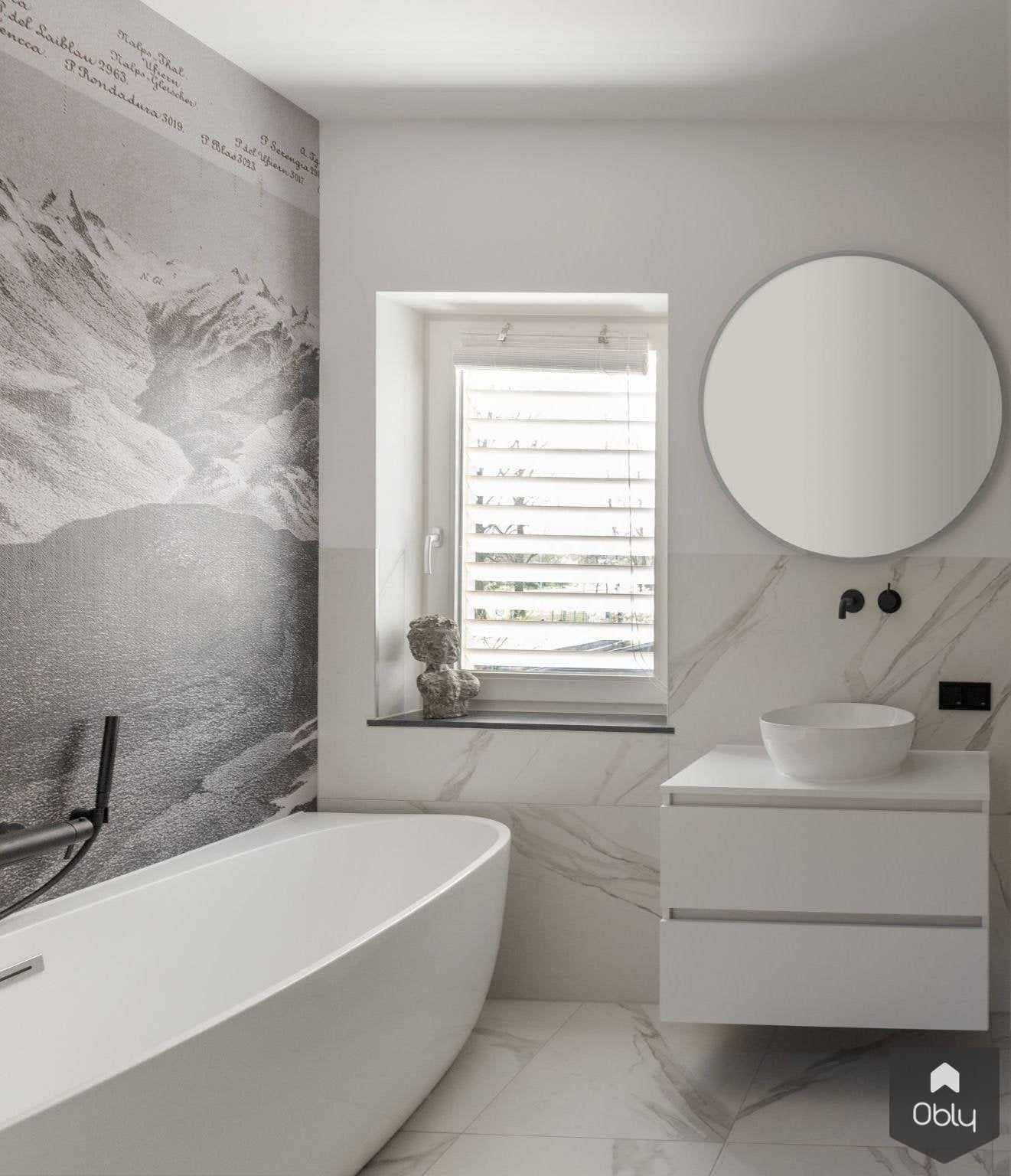 Badkamer met waterbestendig behang-Ijzersterk Interieurontwerp-alle,Badkamer,Marmeren tegels,Waterbestendig behang-OBLY
