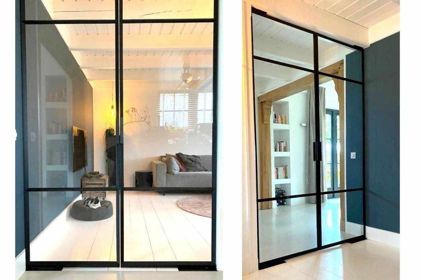 Dubbele deuren asymmetrische vlakverdeling-Stalendeurenhuys-asymmetrische vlakverdeling,design deuren interieur,dubbele stalen deuren,glazen binnendeuren,maatwerk stalen deuren,moderne roomdivider,slanke stalen profielen,stalen taatsdeuren,woonkamer-Slanke stalen taatsdeur-OBLY