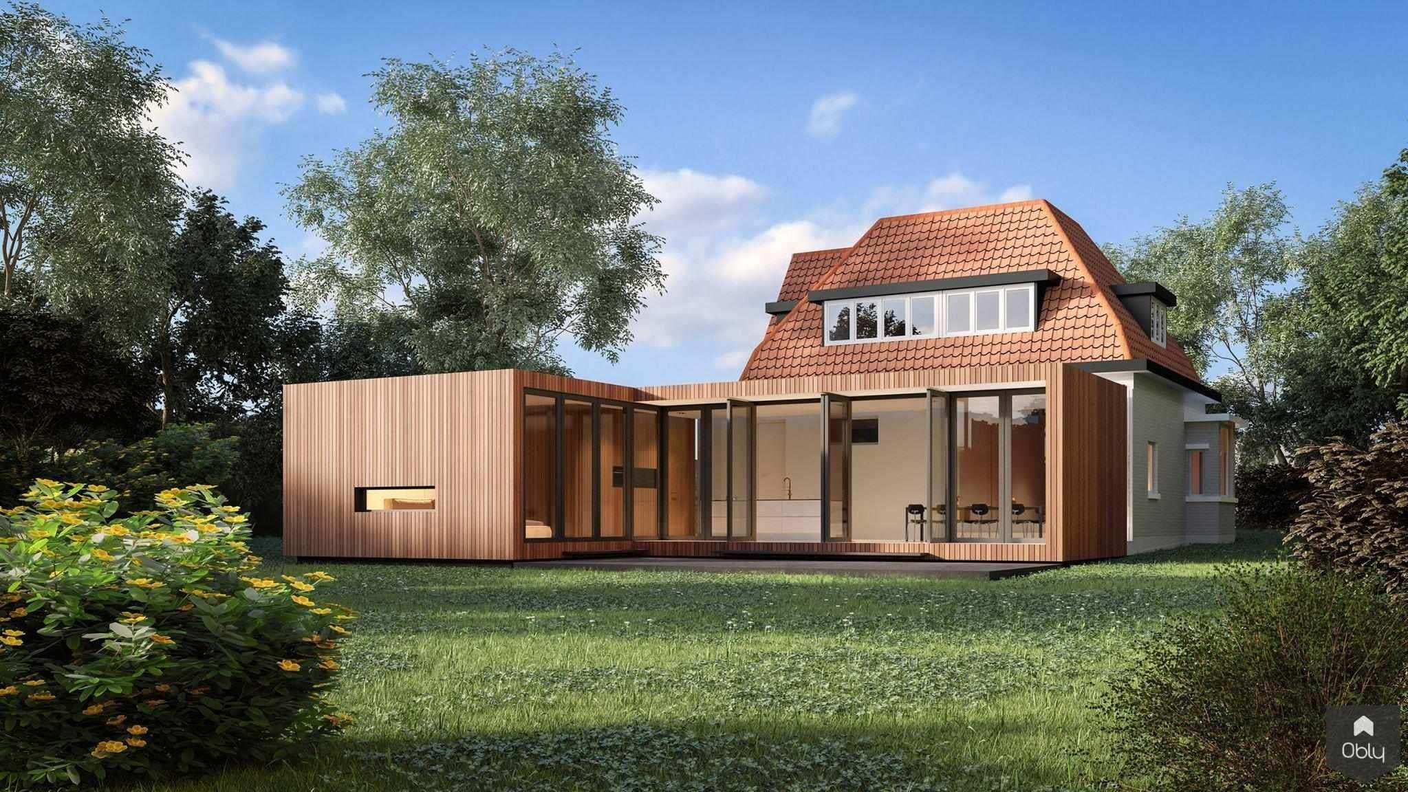 Verbouw en aanbouw woning uit 1928-Voorwinde Architecten-Aanbouw,alle,gevelbekleding,hout,L-vormige aanbouw,levensloopbestendig,moderne aanbouw,renovatie,transparantie,verbouw,Western Red Cedar,woning 1928-OBLY