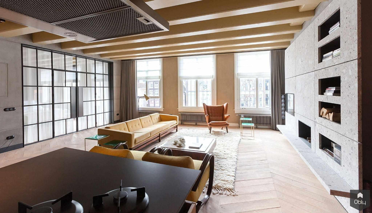Woonkamer en open keuken urban appartement-Cris van Amsterdam-alle,industrieel appartement interieur,loft stijl woonkamer keuken,modern stadsappartement design,urban appartement interieur,Woonkamer,woonkamer met open keuken-OBLY