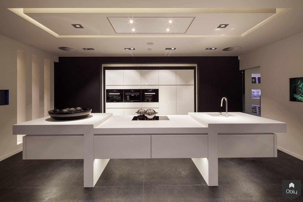 Zwevend eiland met Corian werkblad-Cora Techniek-alle,Corian keuken,design keuken,Keuken,leefkeuken,luxe keuken,maatwerk keuken,minimalistische keuken,moderne keuken,strak werkblad,wit kookeiland,zwevend kookeiland-OBLY