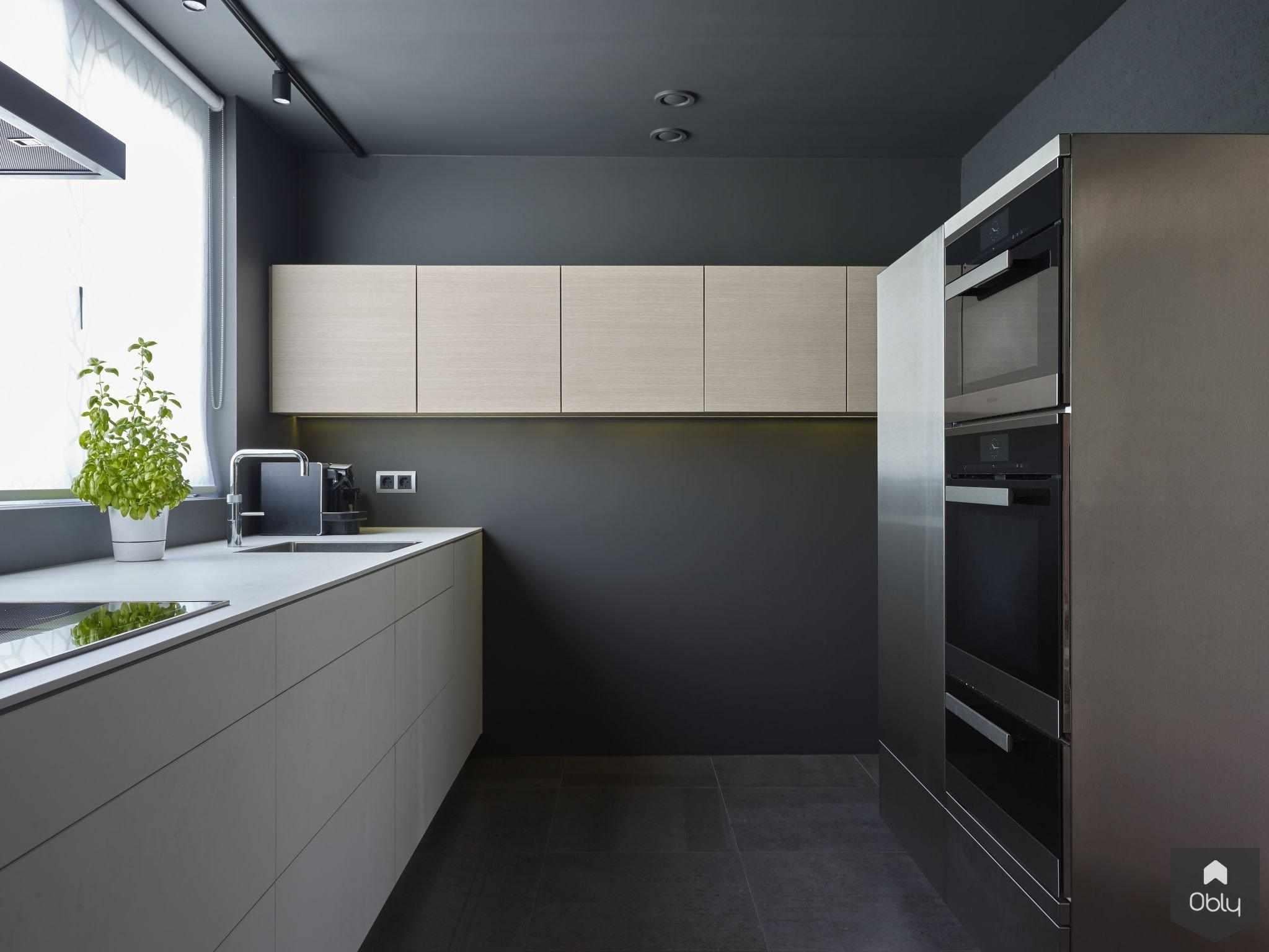 keuken donkere wanden en plafond-Doret Schulkes Interieurarchitect-alle,design keuken,Keuken,keuken met donker plafond,luxe keukeninterieur,maatwerk keuken,minimalistische keuken,moderne keuken,strakke keukenlijnen,zwart interieur-OBLY