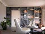 opknappen klassieke boekenkast-Doret Schulkes Interieurarchitect-alle,boekenkast renovatie,grijs gespoten kast,klassieke boekenkast,luxe woonkamerinrichting,maatwerk wandkast,moderne woonkamer,opknappen woonkamer,strakke interieurstijl,Woonkamer-OBLY