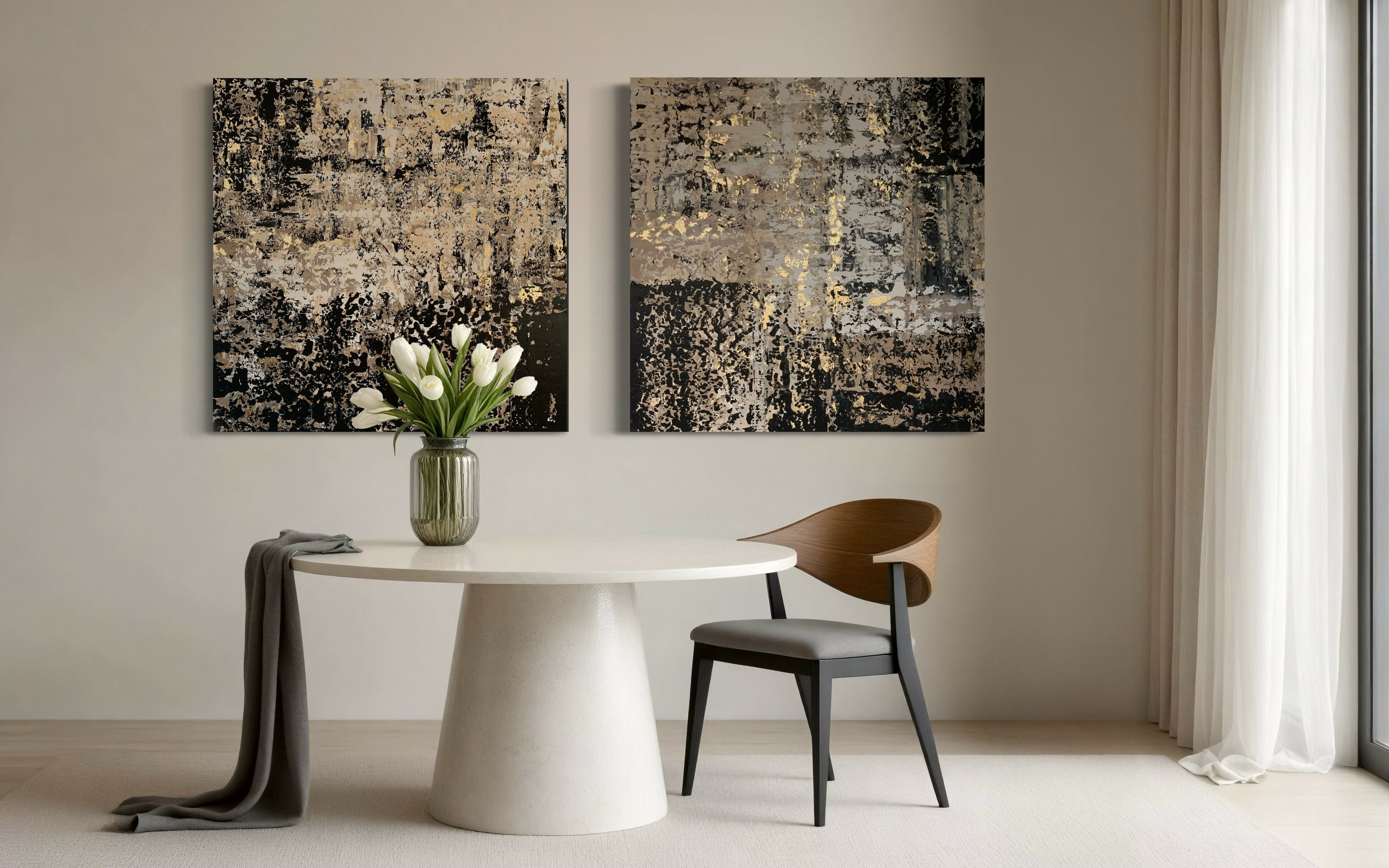 Abstract schilderij – warm statement voor de eetkamer-Marella Hesseling-abstract kunstwerk,kunst aan de muur,kunst interieur,moderne kunst,wandkunst woonkamer,woonkamer-Abstract schilderij op maat voor moderne eethoek | Warmte & diepte-OBLY