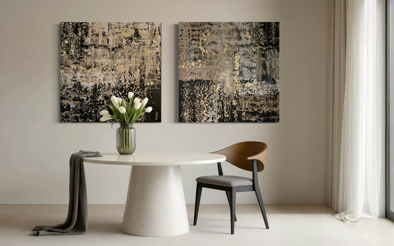 Abstract schilderij – warm statement voor de eetkamer-Marella Hesseling-woonkamer-Abstract schilderij op maat voor moderne eethoek | Warmte & diepte-OBLY