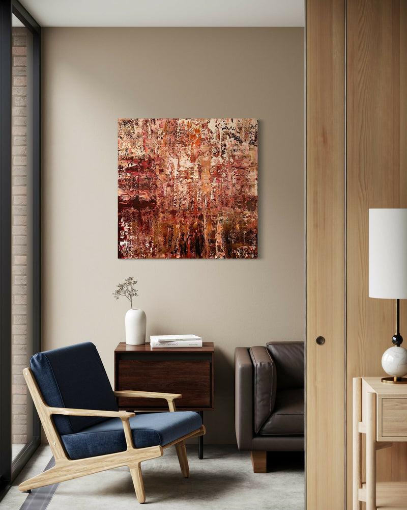 De Mirage-schilderijen: blikvangers in een rustig interieur-Marella Hesseling-woonkamer-Gelaagde abstracte schilderijen met diepte & sfeer | Unieke kunst op m-OBLY