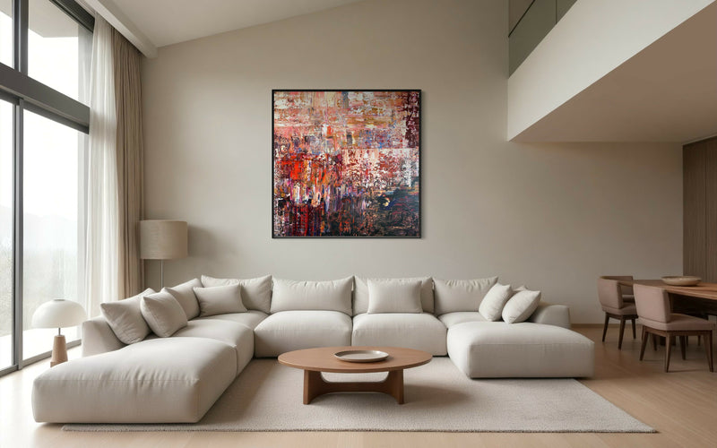 De Mirage-schilderijen: blikvangers in een rustig interieur-Marella Hesseling-woonkamer-Gelaagde abstracte schilderijen met diepte & sfeer | Unieke kunst op m-OBLY