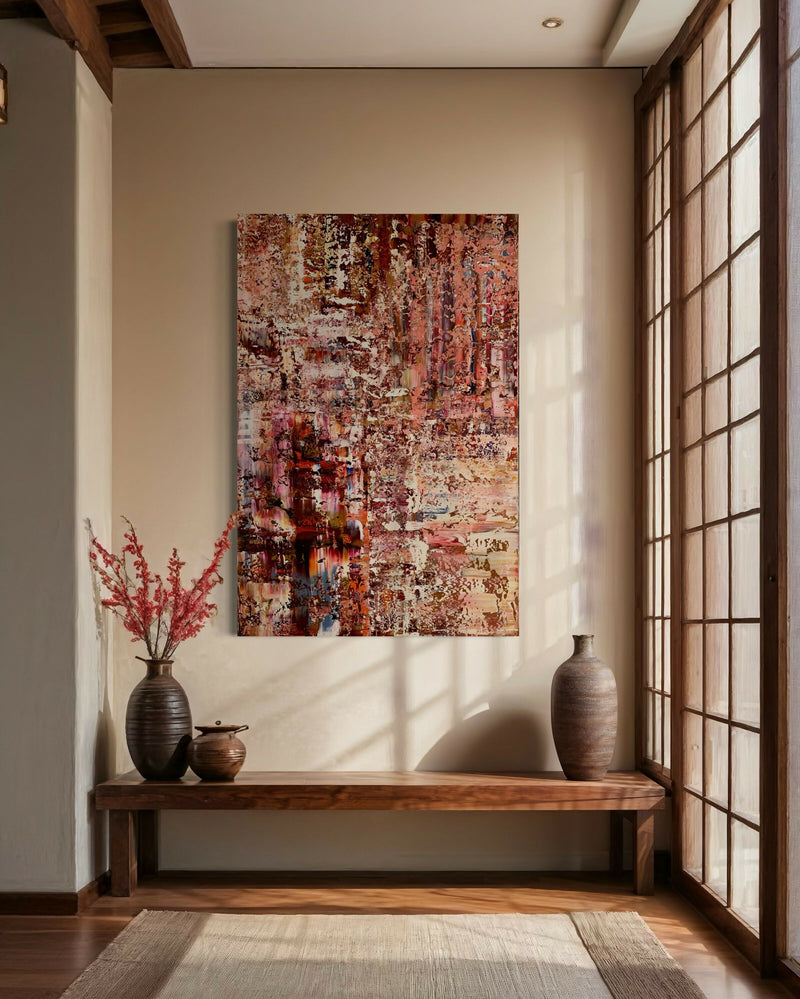 De Mirage-schilderijen: blikvangers in een rustig interieur-Marella Hesseling-woonkamer-Gelaagde abstracte schilderijen met diepte & sfeer | Unieke kunst op m-OBLY