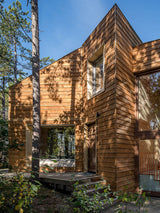 Een licht en vrolijk houten boshuis-Brandvries-boshuis,exterieur,houten woning,moderne architectuur,natuur-Boshuis met grote glaspartijen -OBLY