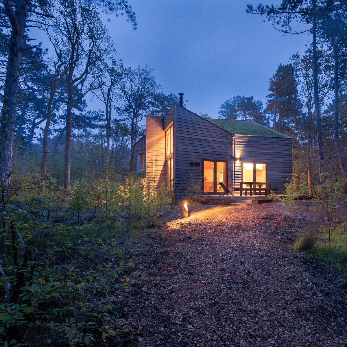 Een licht en vrolijk houten boshuis-Brandvries-boshuis,exterieur,houten woning,moderne architectuur,natuur-Boshuis met grote glaspartijen -OBLY