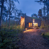 Een licht en vrolijk houten boshuis-Brandvries-boshuis,exterieur,houten woning,moderne architectuur,natuur-Boshuis met grote glaspartijen -OBLY