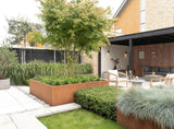 Een stijlvolle stadstuin vol rust en ruimte-Leonardus buiten-cortenstaal tuin,keramische bestrating tuin,luxe buitenleven,luxe veranda tuin,maatwerk plantenbakken,minimalistische tuin,moderne stadstuin,moderne tuin inspiratie,siergrassen tuin,stadstuin met veranda-Moderne stadstuin met cortenstaal en veranda-OBLY