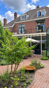 Groene stadstuin met gebogen klinkerpaden en glazen aanbouw-Pien de Bel-glazen aanbouw,groene tuin,klinkerpaden,stadstuin,Tuinontwerp-Groene stadstuin met klinkerpaden en glazen aanbouw-OBLY