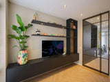 Luxe Woonkamer Kast met Zwart Eiken en Glazen Deuren-OBLY-Luxe Woonkamer Kast met Zwart Eiken en Glazen Deuren | Op Maat Gemaakt-OBLY