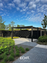 Moderne achtertuin met organische beplanting-ECHT. in- en exterieurontwerp.-achtertuin,ECHT. ontwerp,groene wolken,keramische tegels,Moderne tuin,moderne tuinmaterialen,onderhoudsvriendelijke beplanting,organische beplanting,royale achtertuin,strakke schuttingen,Strakke tuin,tuin,Tuin inspiratie,tuininrichting,Tuinontwerp,vrijstaande woning,zwarte overkapping-Moderne achtertuin met organische beplanting | ECHT. ontwerp-OBLY