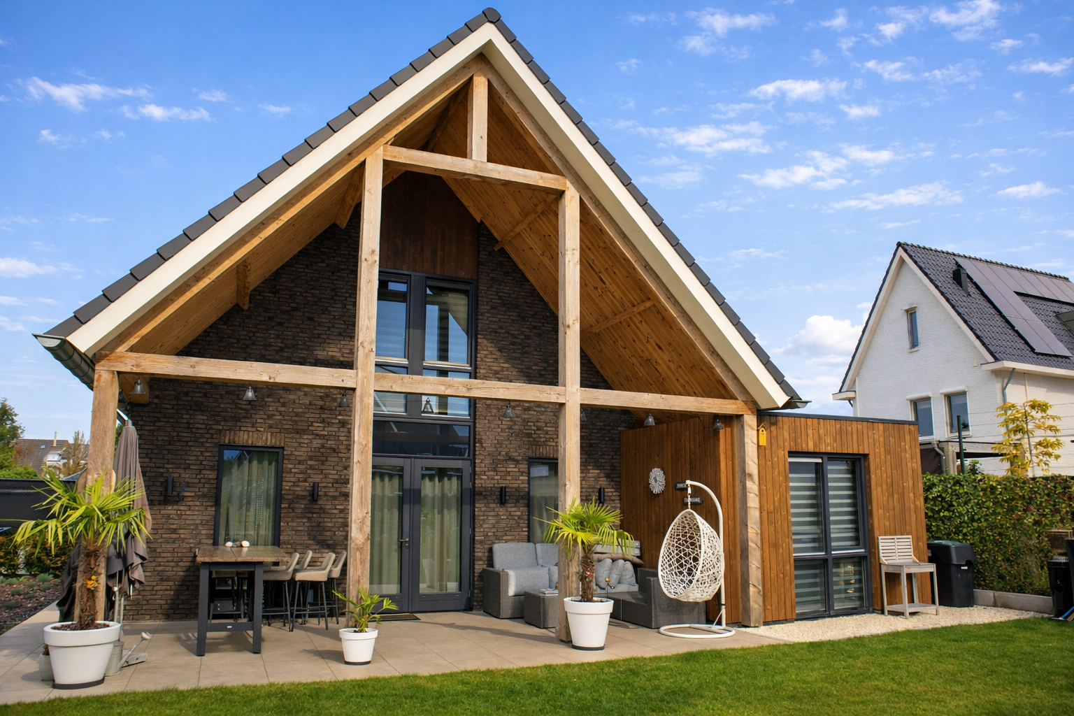 Moderne nieuwbouwwoning met houten aanbouw-Prowood-donker-metselwerk,eigentijdse-woning,Exterieur,gevelbekleding-hout,houten-aanbouw,houten-overkapping,moderne-architectuur,moderne-woning,nieuwbouwwoning,strak-ontwerp,wit-stucwerk-Moderne woning met houten aanbouw en garage-OBLY