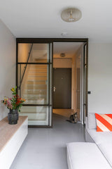 Multifunctionele loung & werkruimte-MIND interieur architectuur-interieur met stalen deuren,loungruimte interieur,luxe kitchenette,luxe thuiswerkplek,maatwerk kastwand,maatwerk meubelwand,maatwerk werkruimte,modern souterrain,multifunctioneel interieur,souterrain interieur,stalen schuifdeuren,thuiswerkplek inspiratie,Woonkamer,zit sta bureau-Multifunctionele loung & werkruimte-OBLY