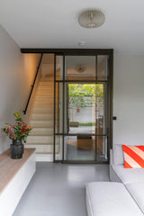 Multifunctionele loung & werkruimte-MIND interieur architectuur-interieur met stalen deuren,loungruimte interieur,luxe kitchenette,luxe thuiswerkplek,maatwerk kastwand,maatwerk meubelwand,maatwerk werkruimte,modern souterrain,multifunctioneel interieur,souterrain interieur,stalen schuifdeuren,thuiswerkplek inspiratie,Woonkamer,zit sta bureau-Multifunctionele loung & werkruimte-OBLY