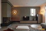 Open haard in kleurrijke woonkamer-Hooijer-design haard woonkamer,driezijdige haard,gashaard interieur,haard,haard met tv meubel,moderne haard,woonkamer-Open haard in kleurrijke woonkamer-OBLY