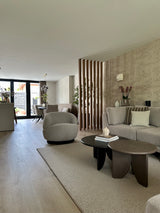 Project Limmen-Lifs Interior Design-achterpui met glaswand,bronzen stalen deur,cinewall met akoestische panelen,Keuken,leefkeuken,maatwerk eetkamerbank,open woonkamer,stijlvolle renovatie,warm modern interieur-Warm modern interieur met leefkeuken en cinewall-OBLY