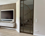 Project Limmen-Lifs Interior Design-achterpui met glaswand,bronzen stalen deur,cinewall met akoestische panelen,Keuken,leefkeuken,maatwerk eetkamerbank,open woonkamer,stijlvolle renovatie,warm modern interieur-Warm modern interieur met leefkeuken en cinewall-OBLY