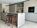 Project Limmen-Lifs Interior Design-achterpui met glaswand,bronzen stalen deur,cinewall met akoestische panelen,Keuken,leefkeuken,maatwerk eetkamerbank,open woonkamer,stijlvolle renovatie,warm modern interieur-Warm modern interieur met leefkeuken en cinewall-OBLY
