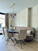 Project Limmen-Lifs Interior Design-achterpui met glaswand,bronzen stalen deur,cinewall met akoestische panelen,Keuken,leefkeuken,maatwerk eetkamerbank,open woonkamer,stijlvolle renovatie,warm modern interieur-Warm modern interieur met leefkeuken en cinewall-OBLY