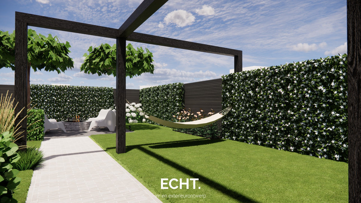 Sfeervolle tuin met royale overkapping-ECHT. in- en exterieurontwerp.-achtertuin,ECHT. ontwerp,hangmat,Moderne tuin,onderhoudsvriendelijke beplanting,onderhoudsvriendelijke tuin,open vuurplaats,pergola,privacy,royale overkapping,schuur,Sfeerverlichting,Strakke tuin,Terras,tuin,Tuin inspiratie,Tuinontwerp,voortuin,vrijstaande woning,vuurplek-Sfeervolle tuin met royale overkapping | ECHT. ontwerp-OBLY