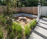 Strakke tuin met maatwerk zitkuil en Millboard-vlonder-Wooddeck-architectonische tuin,design tuin,Golden Oak,houten vlonder,luxe tuin,maatwerk zitbanken,Millboard vlonder,onderhoudsarme vlonder,verdiept loungegedeelte,vlonder,zitkuil-Moderne tuin met verdiept loungegedeelte | Millboard vlonder-OBLY