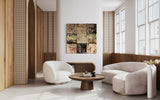 Vrije abstracte schilderijen als inspiratiebron voor maatwerk-Marella Hesseling-woonkamer-Abstracte schilderijen vol gelaagdheid & karakter | Vrij werk & maatwe-OBLY