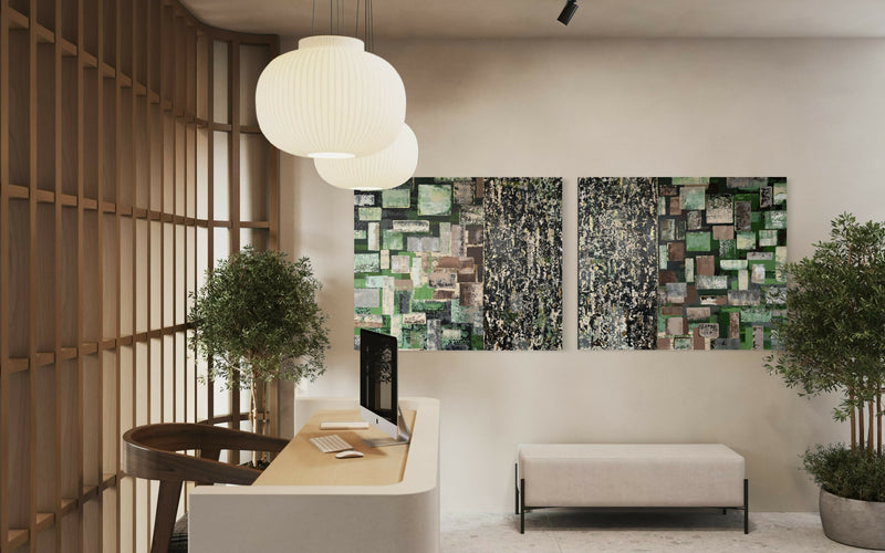 Vrije abstracte schilderijen als inspiratiebron voor maatwerk-Marella Hesseling-woonkamer-Abstracte schilderijen vol gelaagdheid & karakter | Vrij werk & maatwe-OBLY