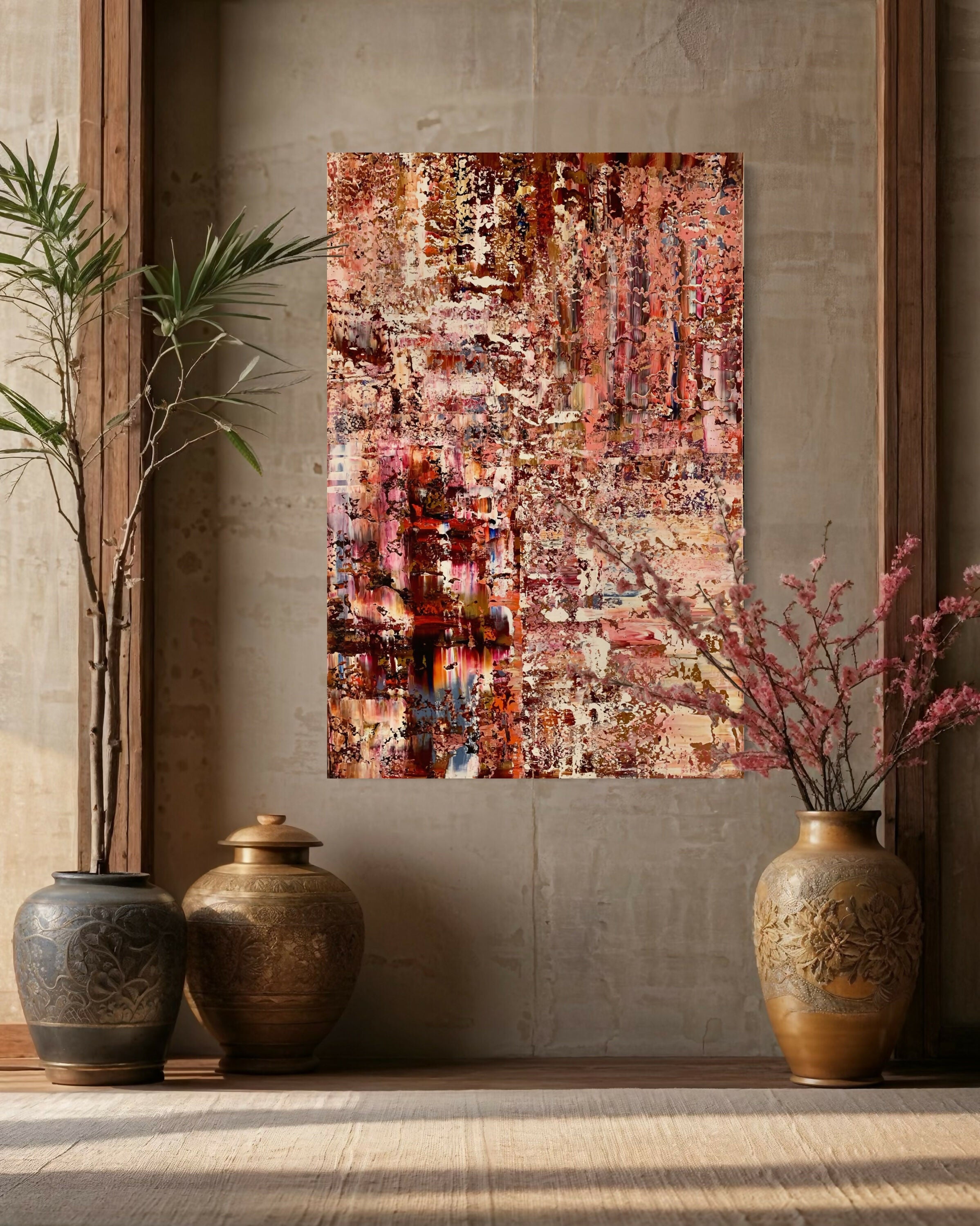 Vrije abstracte schilderijen als inspiratiebron voor maatwerk-Marella Hesseling-abstract schilderij,abstracte kunst,kunst aan de muur,moderne kunst,schilderij,schilderij woonkamer,woonkamer-Abstracte schilderijen vol gelaagdheid & karakter | Vrij werk & maatwe-OBLY