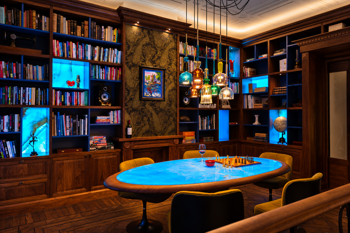 Bibliotheek met houten boekenkasten, een blauw verlichte ovale tafel en gekleurde hanglampen