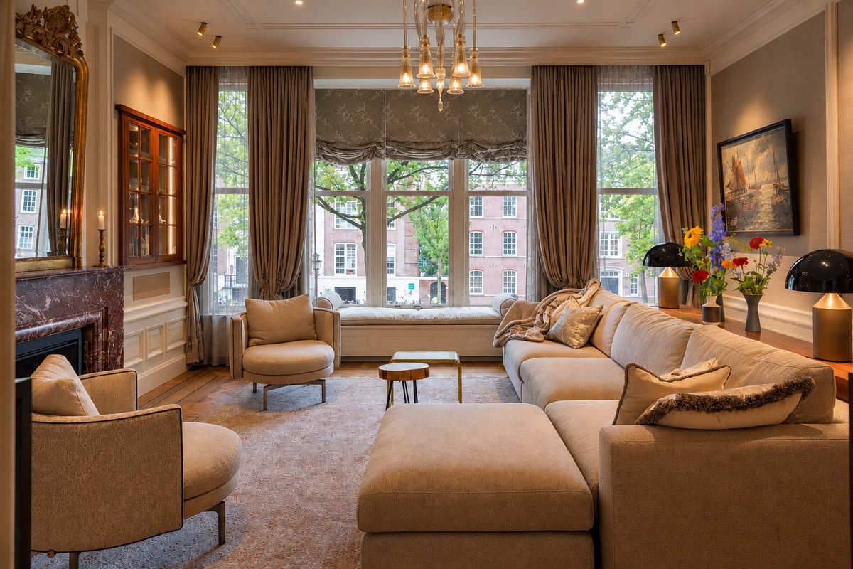 Klassieke woonkamer met hoge ramen, beige zithoek en marmeren schouw