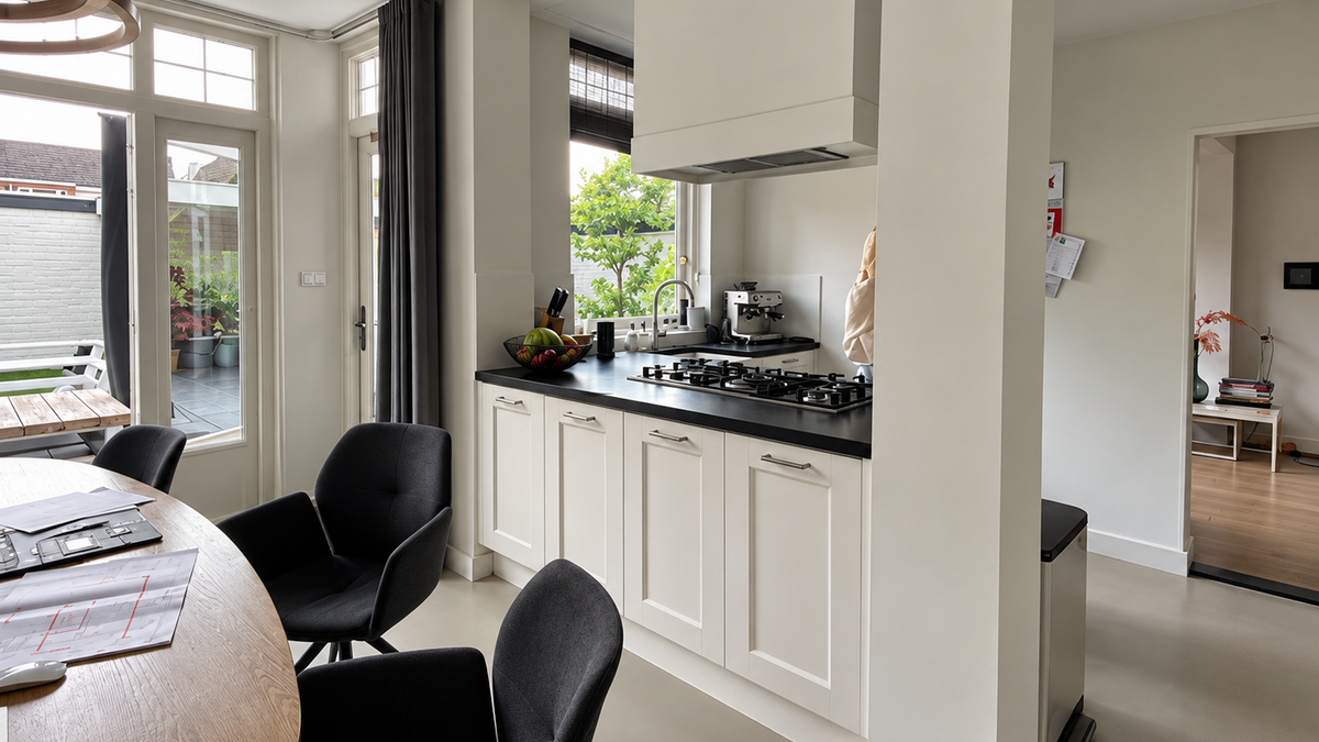 Before: oude keuken in een jaren ’30 woning in Breda, met witte keukenkasten, een zwart werkblad en een eethoek naast de openslaande deuren naar de tuin.