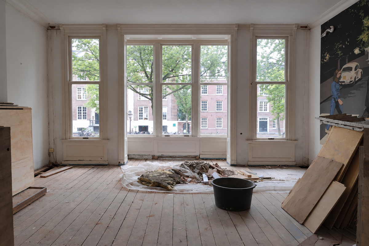 Woonkamer tijdens renovatie met hoge ramen, houten vloer en bouwmateriaal